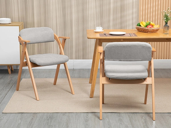 Sedia da Pranzo Set da 2 Pieghevole con Braccioli, Seduta Imbottita e Rivestimento Sfoderabile in Legno Massello Grigio