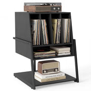 Record player stand with wide tabletop & 4 dividers, vinyl record table, black