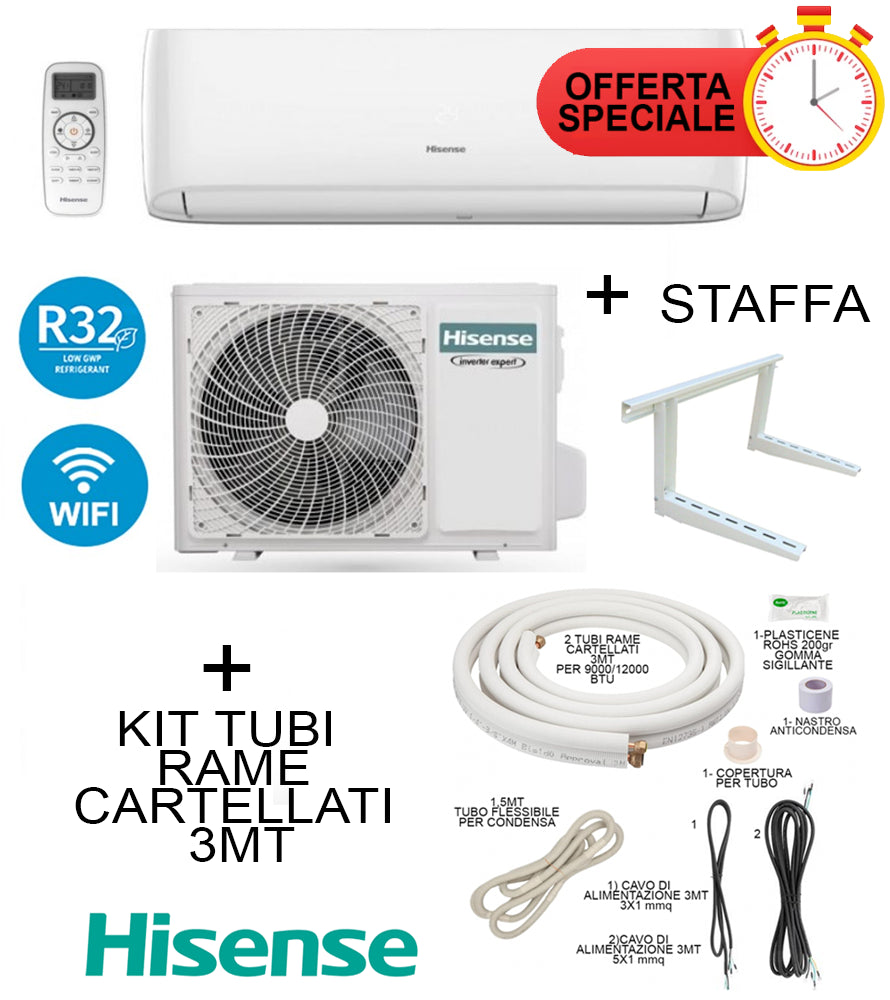 Climatizzatore  Hisense 12000 Btu + Staffa + Kit Tubi Rame 3MT CA35YR03G/CA35YR03W Inverter R32 A++/A+ Wifi Integrato