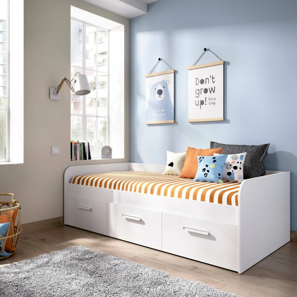 Letto per bambini Aco, Lettino contenitore per cameretta, Struttura per letto singolo con 3 cassettoni, 194x97h60 cm, Bianco