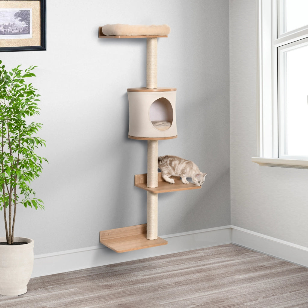 Albero per gatti a parete con piattaforme, cuccia e tiragraffi in sisal ¨C zephmum ¨C 38x30x149 cm