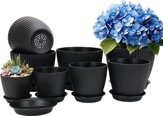 Set di 8 vasi per piante in plastica - 75 7 65 6 55 5 45 45 4 pollici - Interno e esterno - Vaso per piante autosommierabile con fori di drenaggio