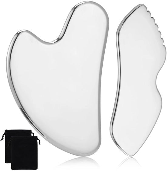 Gua Sha Gua Sha Steenen con borsa, strumenti per il viso, per il viso, gli occhi, il collo, il corpo, 2 pezzi, 2 diverse misure, argento