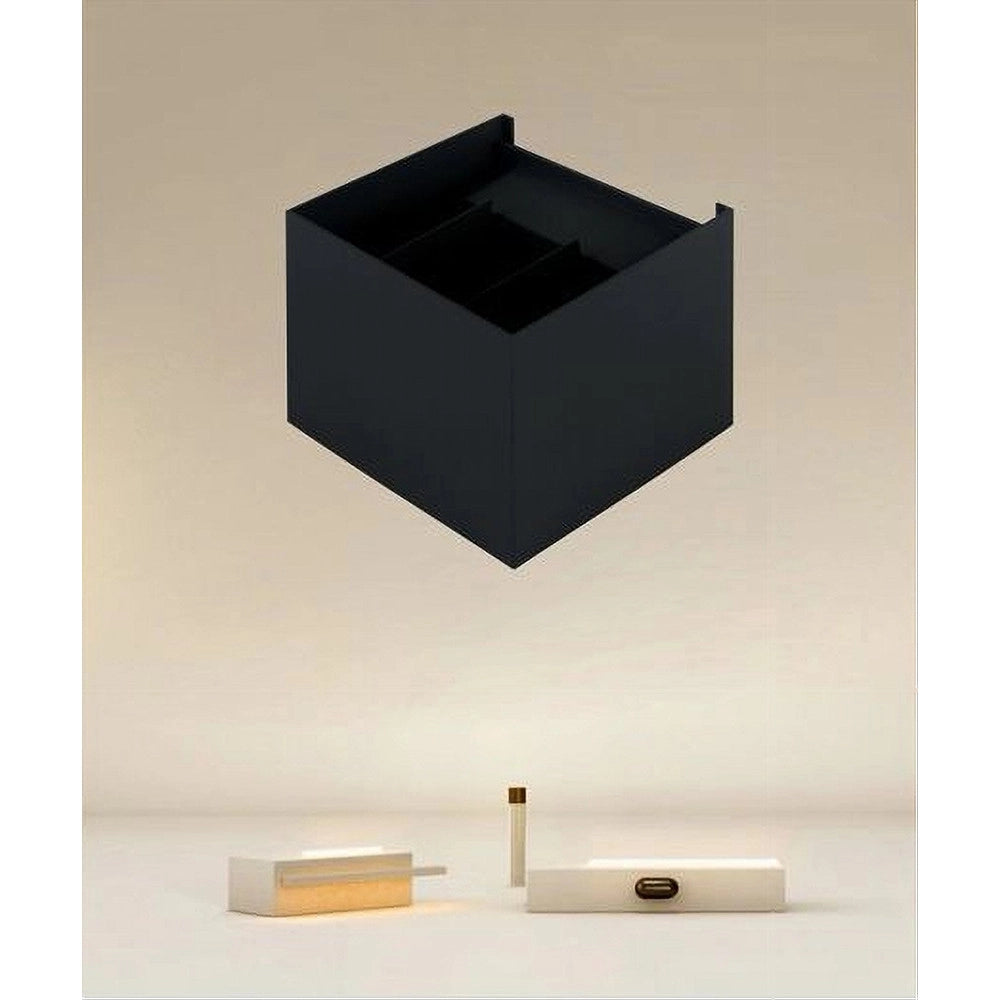 Trade Shop - Applique Led A Cubo 12 Watt Lampada Quadrata Nero Da Parete Interno Ip20 00755 -