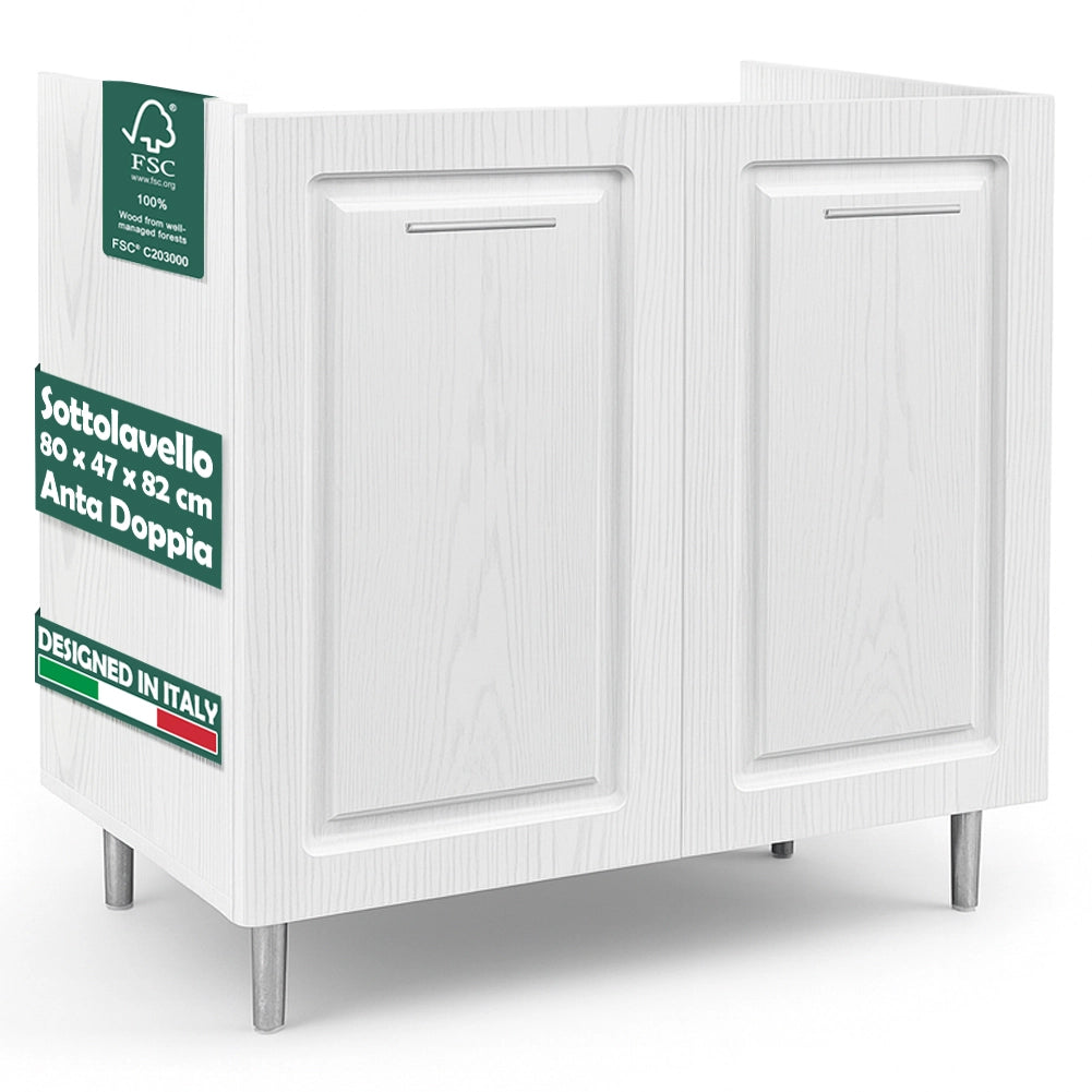 Mobile Sottolavello Cucina Componibile Legno Boiserie Bianco Frassinato 2 Ante