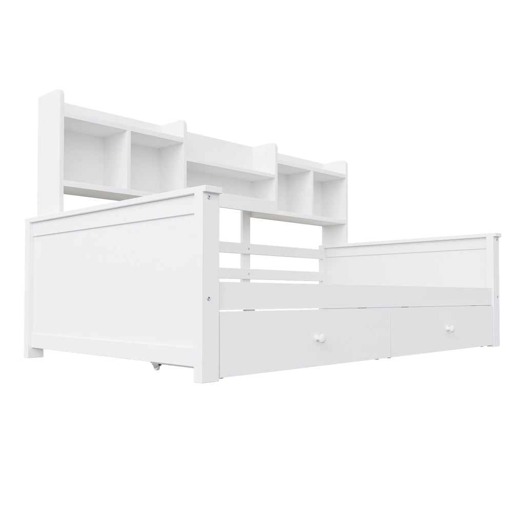 Divano letto singolo 90x200 cm con cassetti e ripiani; struttura in legno bianco