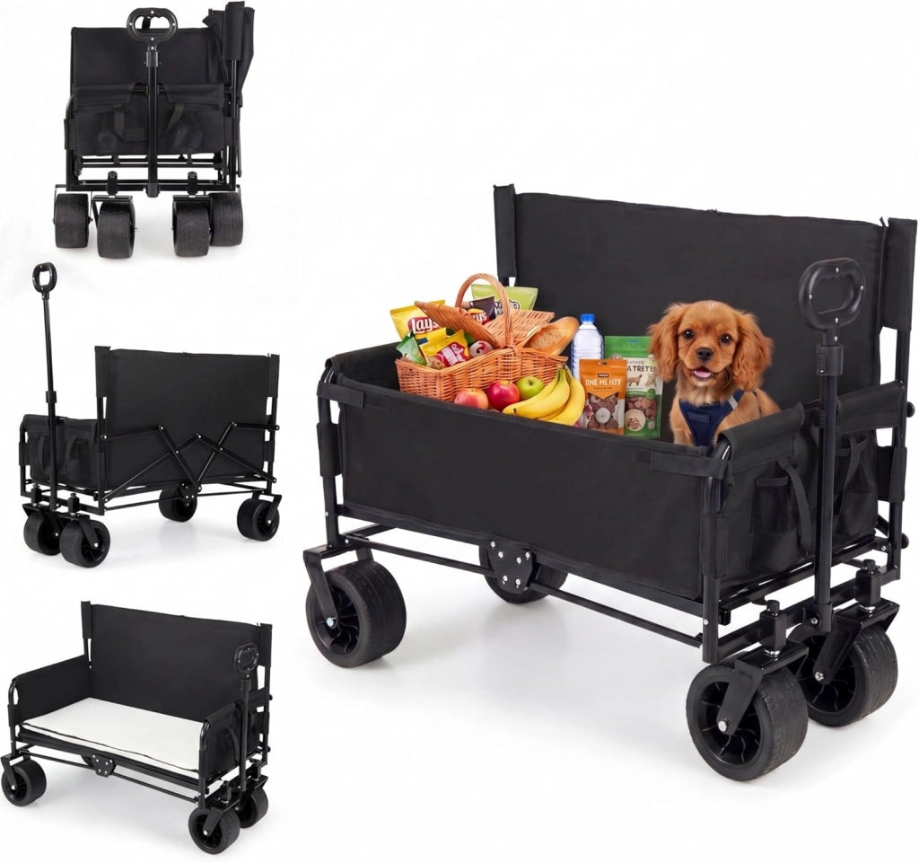 2 in 1 Carrello Spiaggia con Seduta, Carretto Pieghevole con Ruote Grandi e Cuscini Morbidi, Carrello da Campeggio, Giardino e Pesca, in Acciao Resistente, Chiusura Rapida, 80 KG, 85L (Blu)