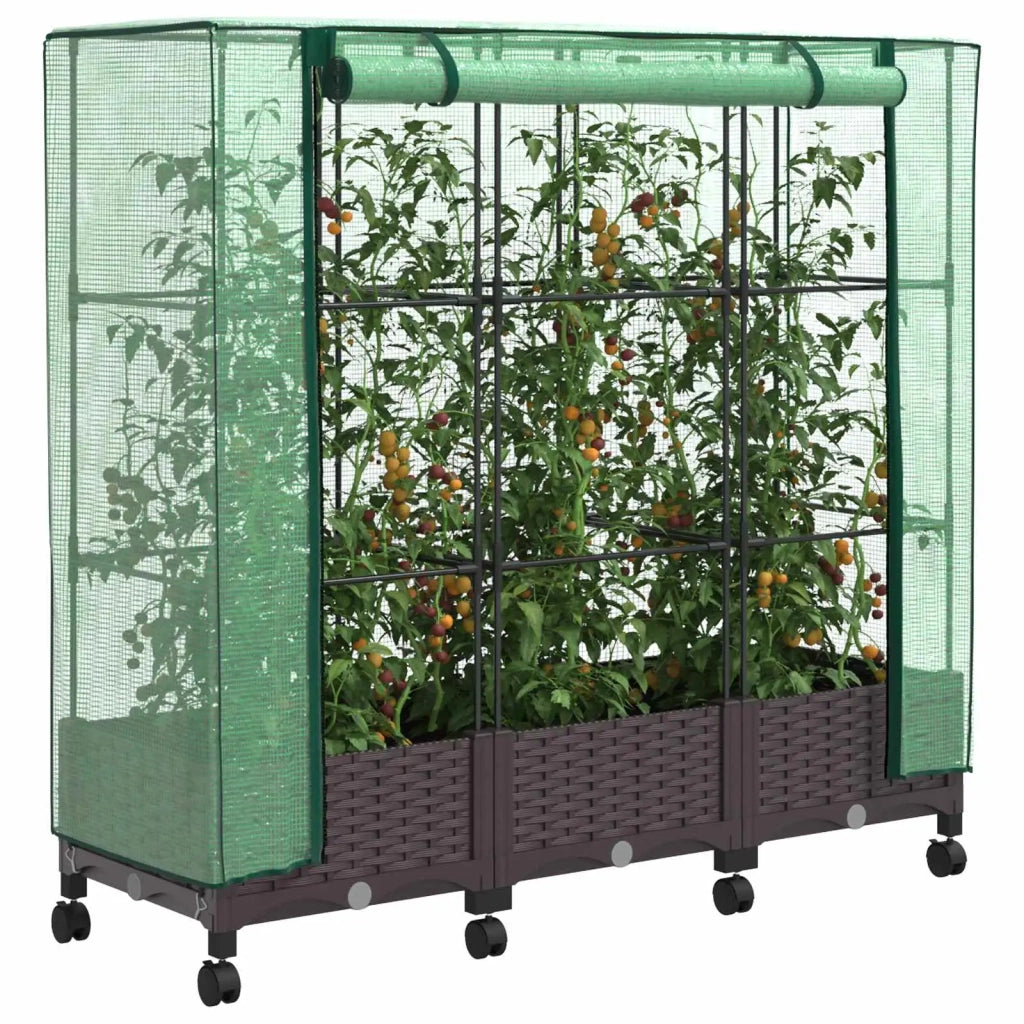Vaso da Giardino con Copertura per Serra e Ruote 3 pz Marrone 3423061
