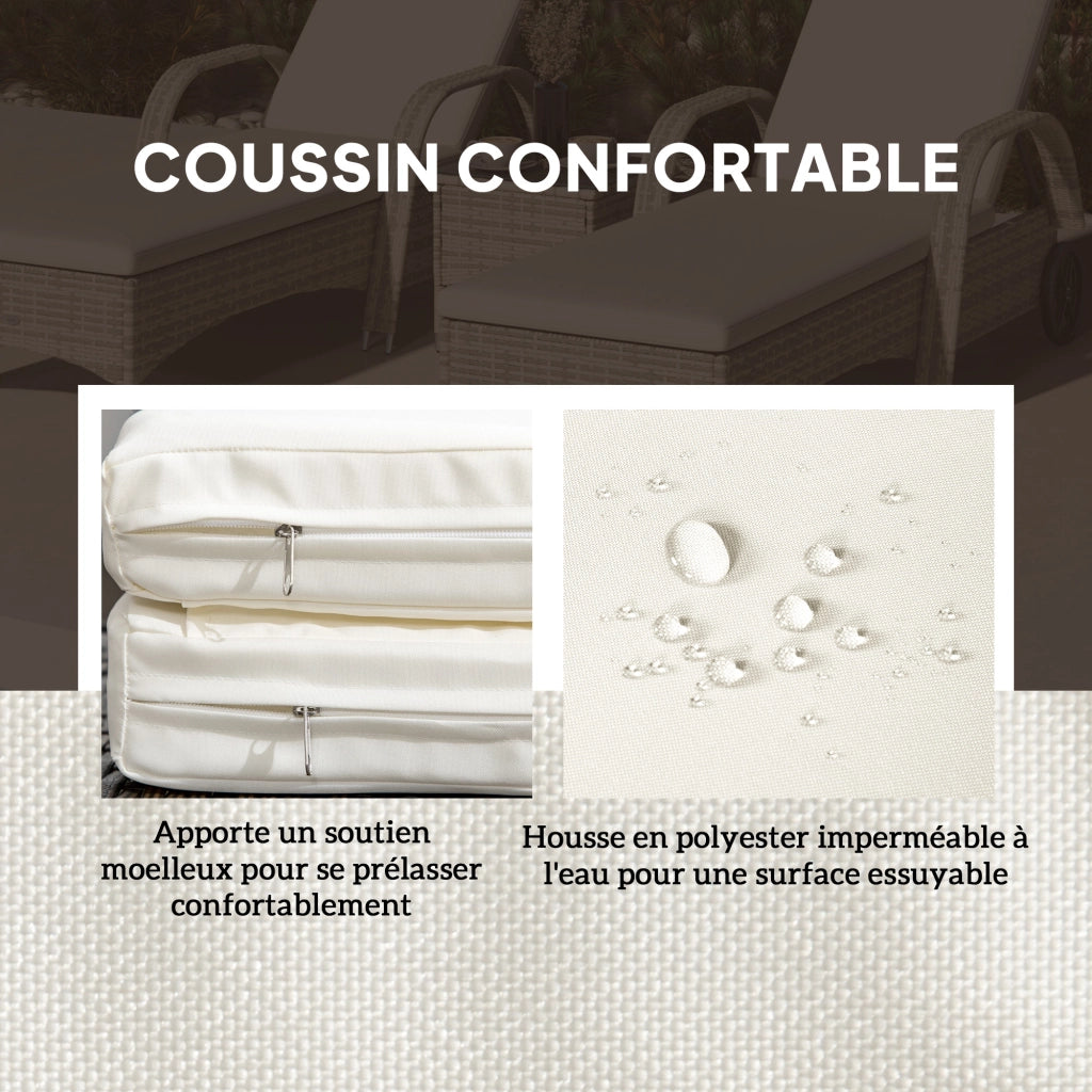 Set di 2 lettini prendisole ¨C zephmum ¨C con materasso, cuscini, regolabili, rotelle, tavolino in vetro temperato crema