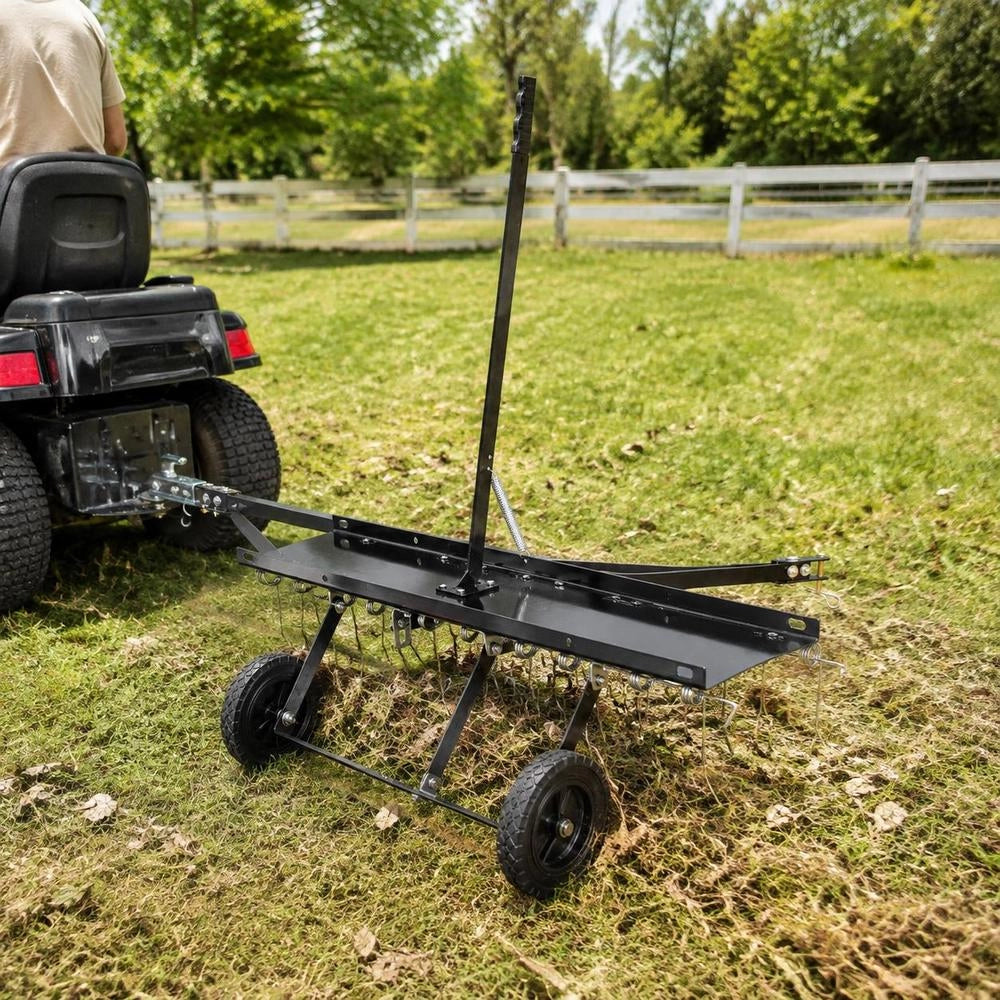 Pull-along Scarifier, 40-inch Pull-along Scarifier With 20 Spring Steel Tines, Pull-along Lawn Rake For Off-road Vehicles Or Lawnmowers, Pull-along Lawn Rake With Lifting Handle For Lawn In The Garden