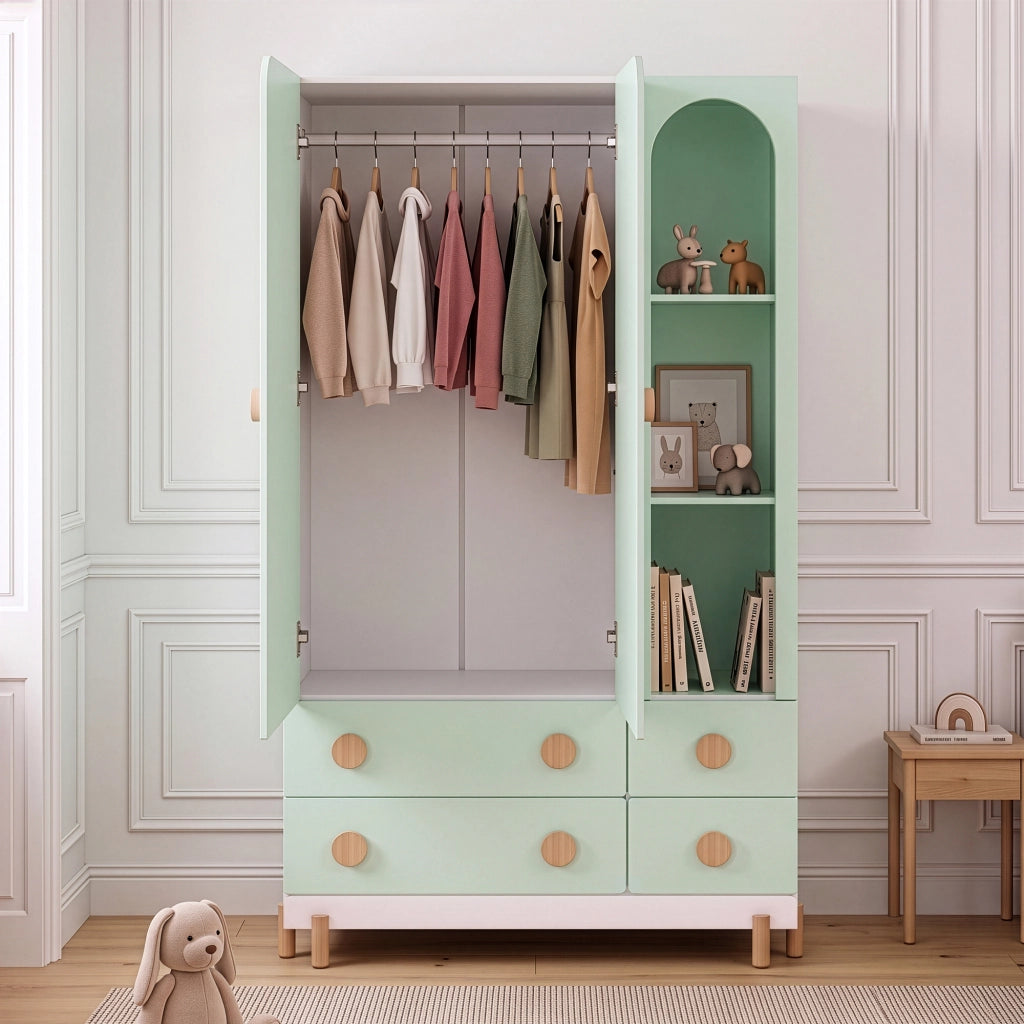 Armadio per Cameretta Vaarentaa a 2 Ante con 4 Cassetti e 3 Vani Aperti 156x90x41 cm - Bianco/Verde Menta [en.casa]