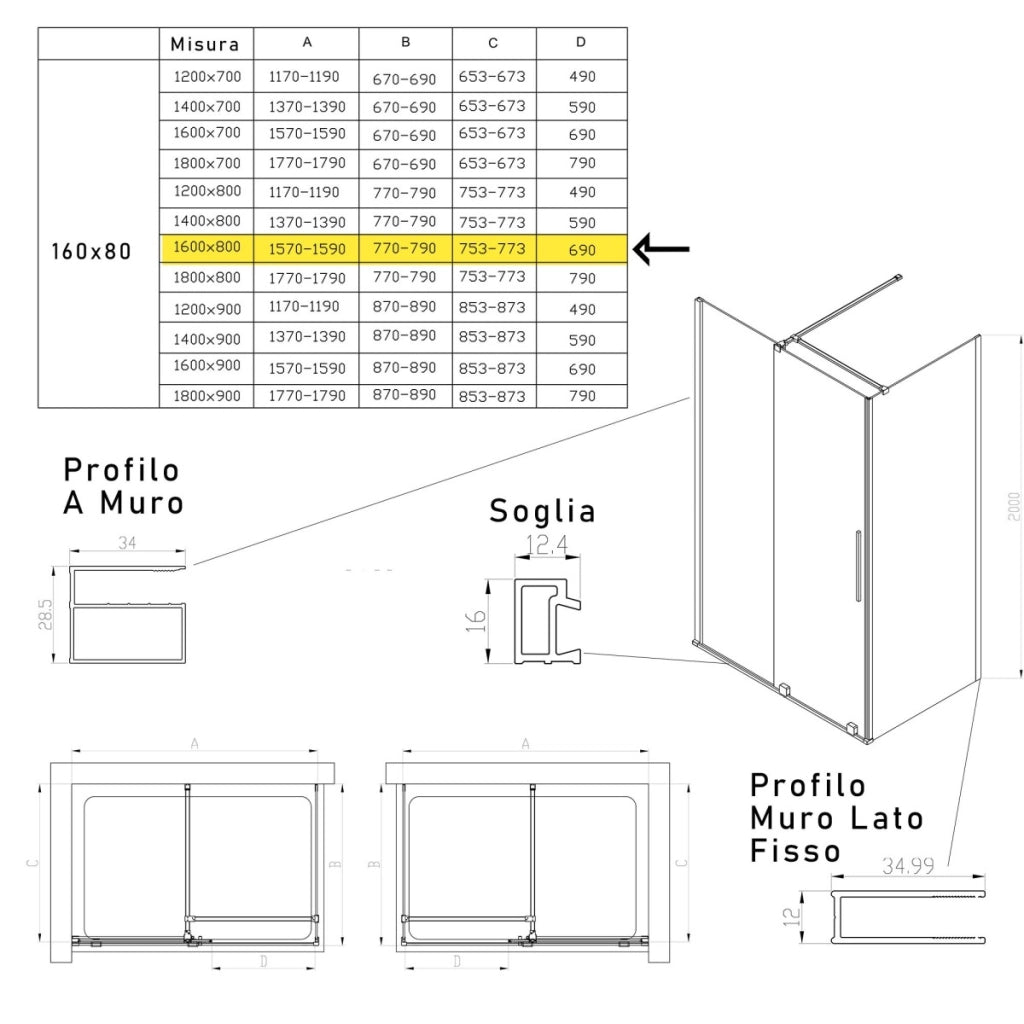 Box doccia due lati anta scorrevole senza profili 8mm h200 brenta, misura 80x160