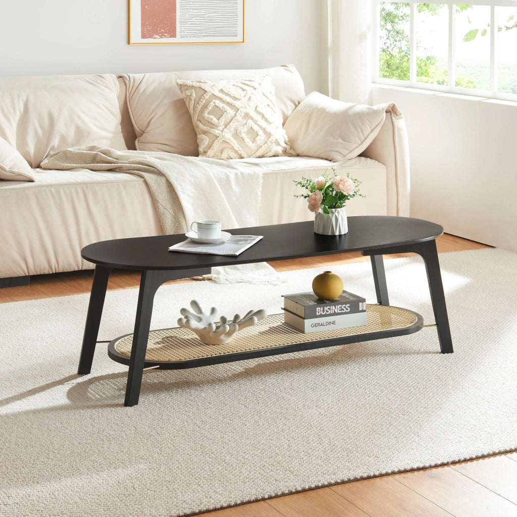 Tavolino Centrale da Salotto Taivalkoski Ovale - Nero / Beige [en.casa]