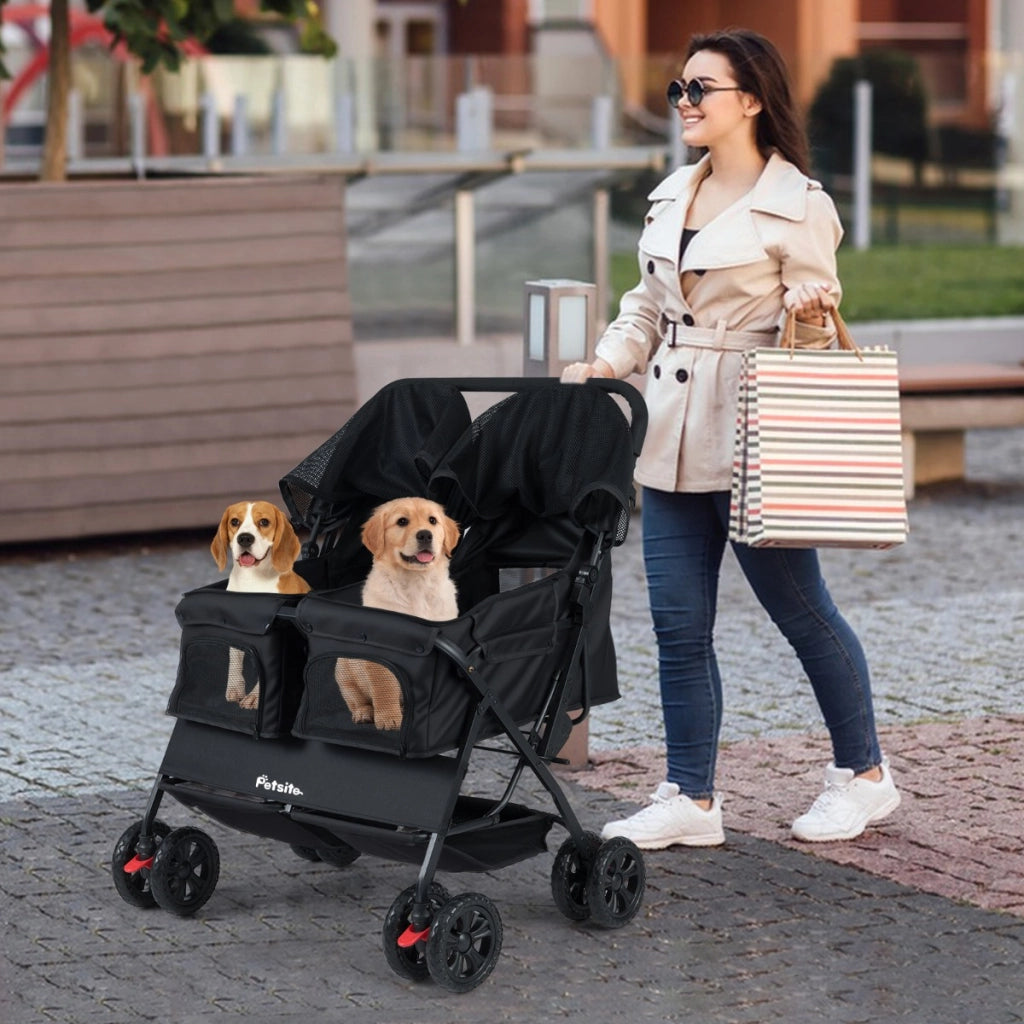Passeggino doppio animali carrozzina 2 posti tettuccio regolabile, Passeggino doppio animali cuscino sicurezza Nero-Giochi e accessori per cani