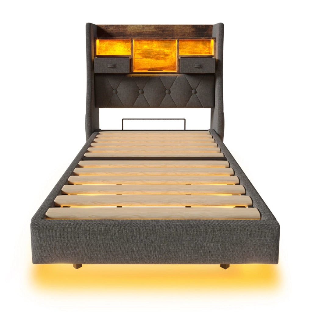 Letto imbottito 90x200 cm con LED; USB e USB C; testiera contenitore; lino grigio