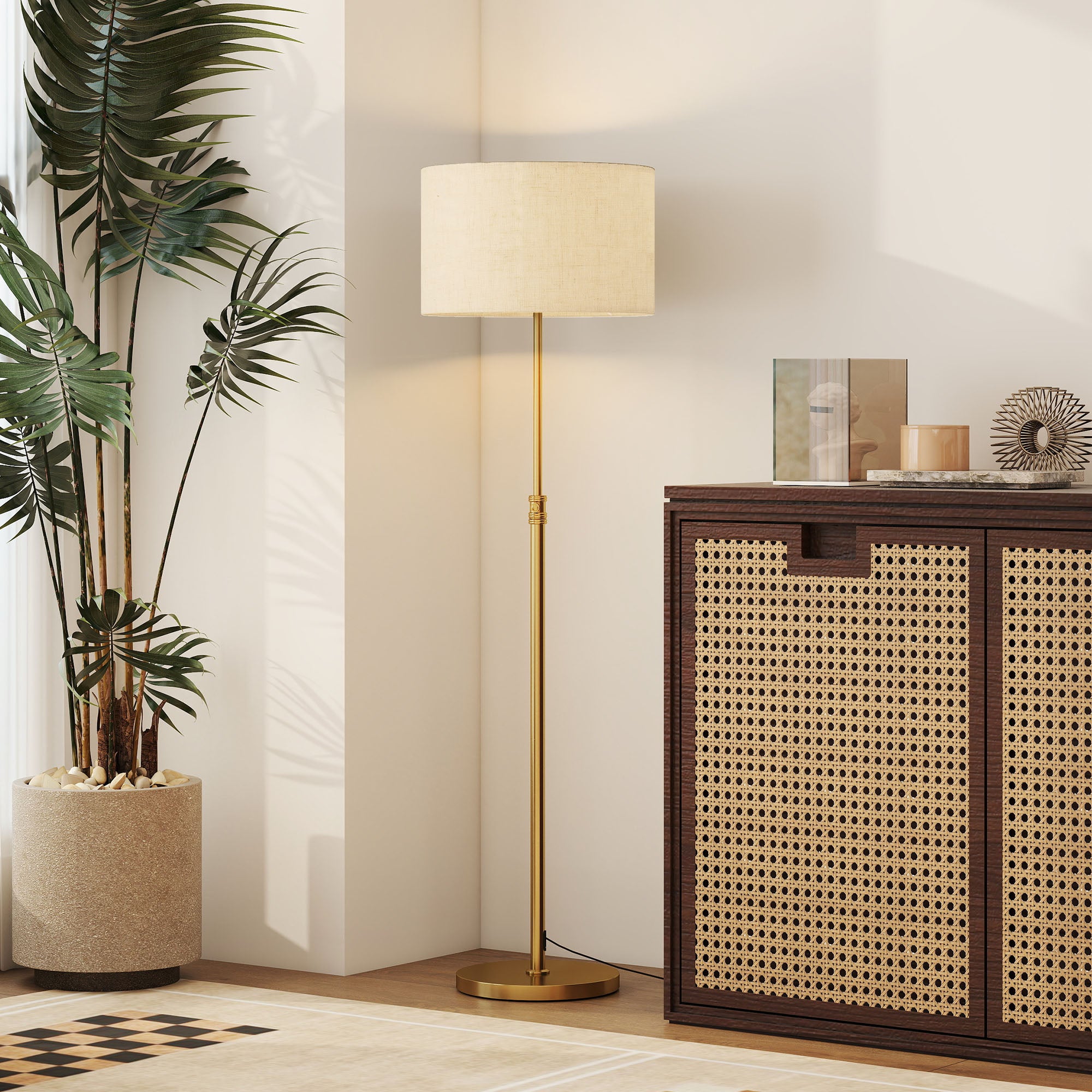 Lampada da Terra con Telecomando e Luminosità Regolabile 3000K-6000K Paralume in Tessuto Oro