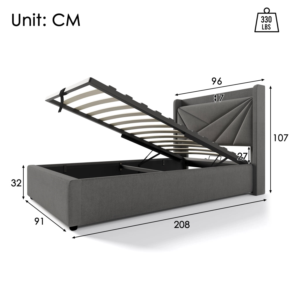 Letto singolo con contenitore 90x200 cm grigio, testiera geometrica, porte USB e Type-C, rete a doghe, senza materasso
