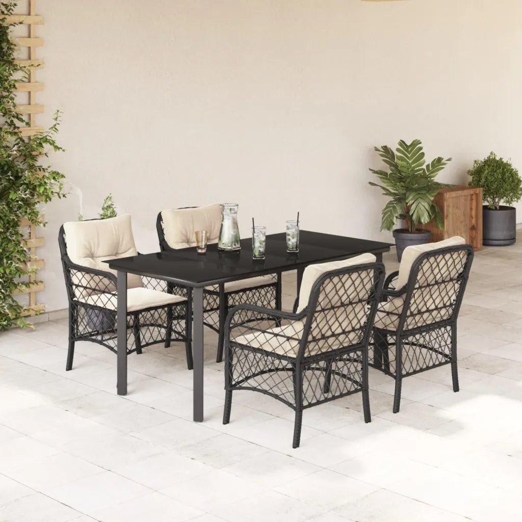 Set da Pranzo da Giardino 5 pz Nero con Cuscini in Polyrattan