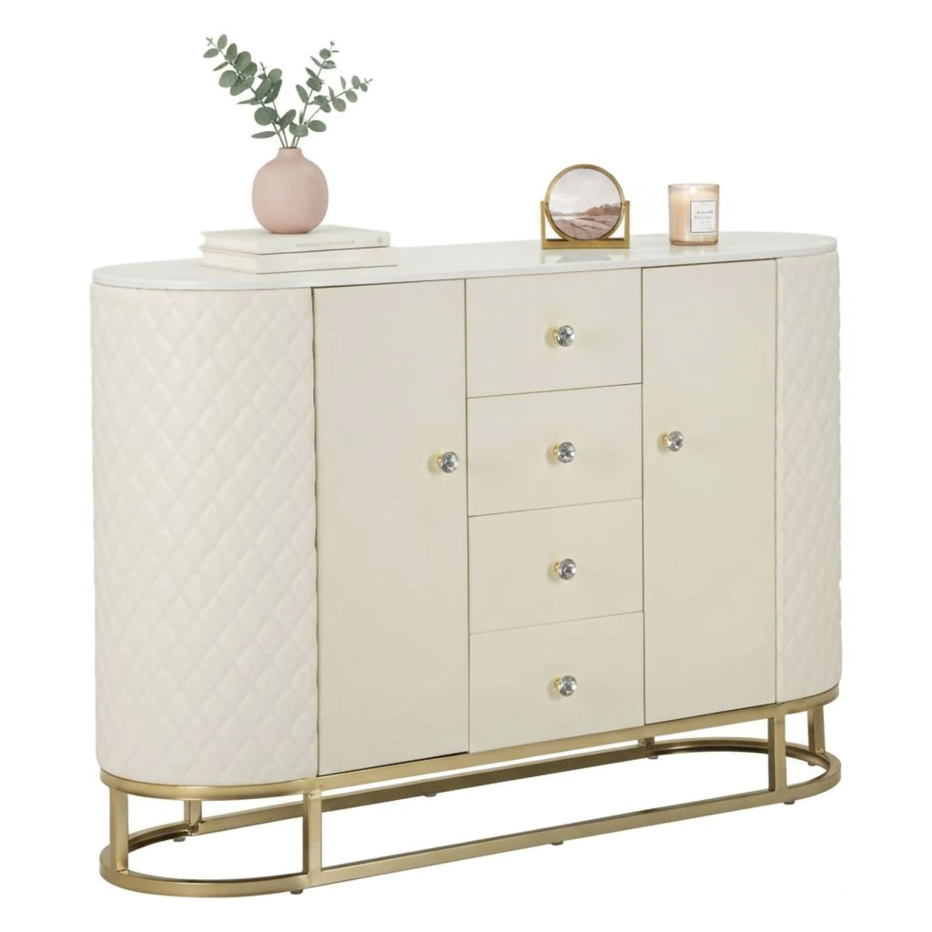 Credenza Grotte, Buffet da soggiorno, Madia da salotto, Dispensa da cucina, 120x40 h85 cm, Bianco e Oro