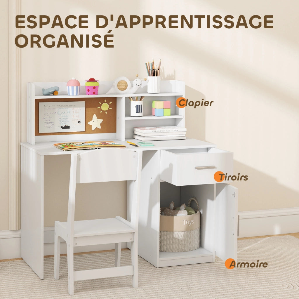 Scrivania bambini con sedia, cassetto, scaffale e lavagna in sughero ¨C zephmum ¨C bianco
