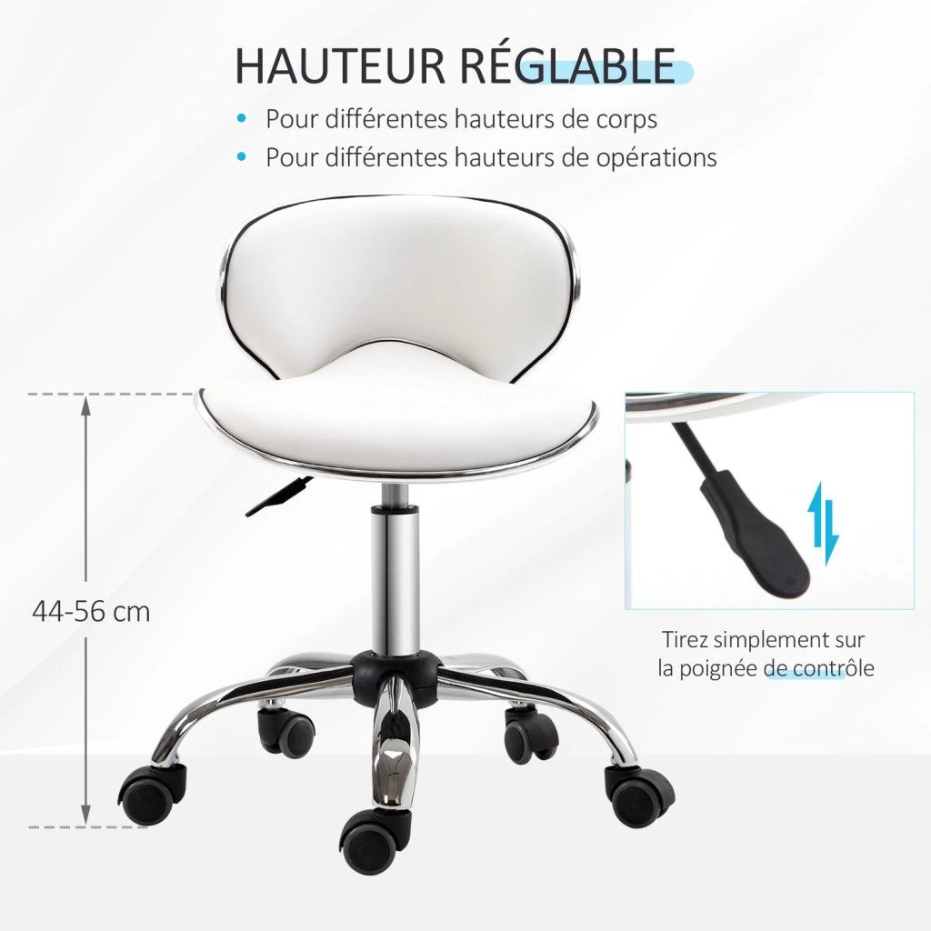 Sgabello da lavoro con rotelle e schienale ¨C zephmum ¨C bianco, regolabile 44-56 cm, 360¡ã