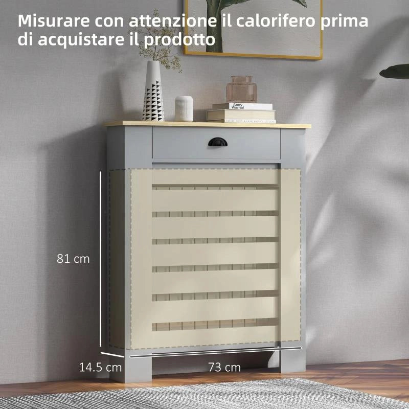 COPRITERMOSIFONE IN MDF A DOGHE, COPRICALORIFERO A GRIGLIA CON CASSETTO, 78X19X95.5 CM, GRIGIO