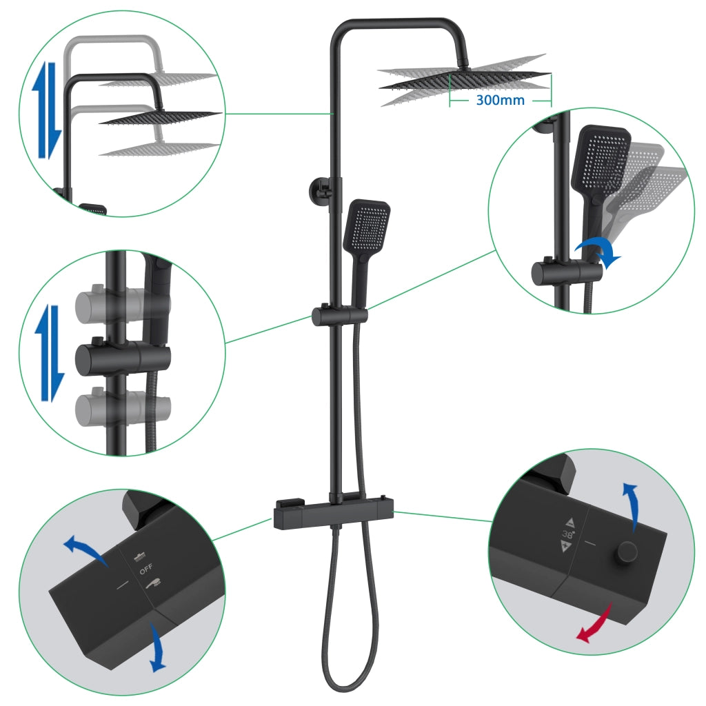 AICAIT Colonna doccia quadrata con soffione quadrato 30x30cm in acciaio inox nero, sistema doccia a 38℃ antiscottature
