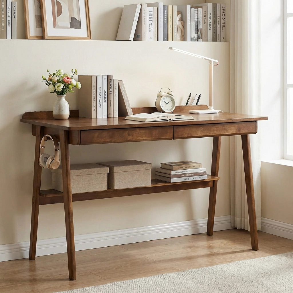 Scrivania in legno massiccio con 2 cassetti, ripiano contenitore e ganci laterali per studio e ufficio 120 × 60 cm