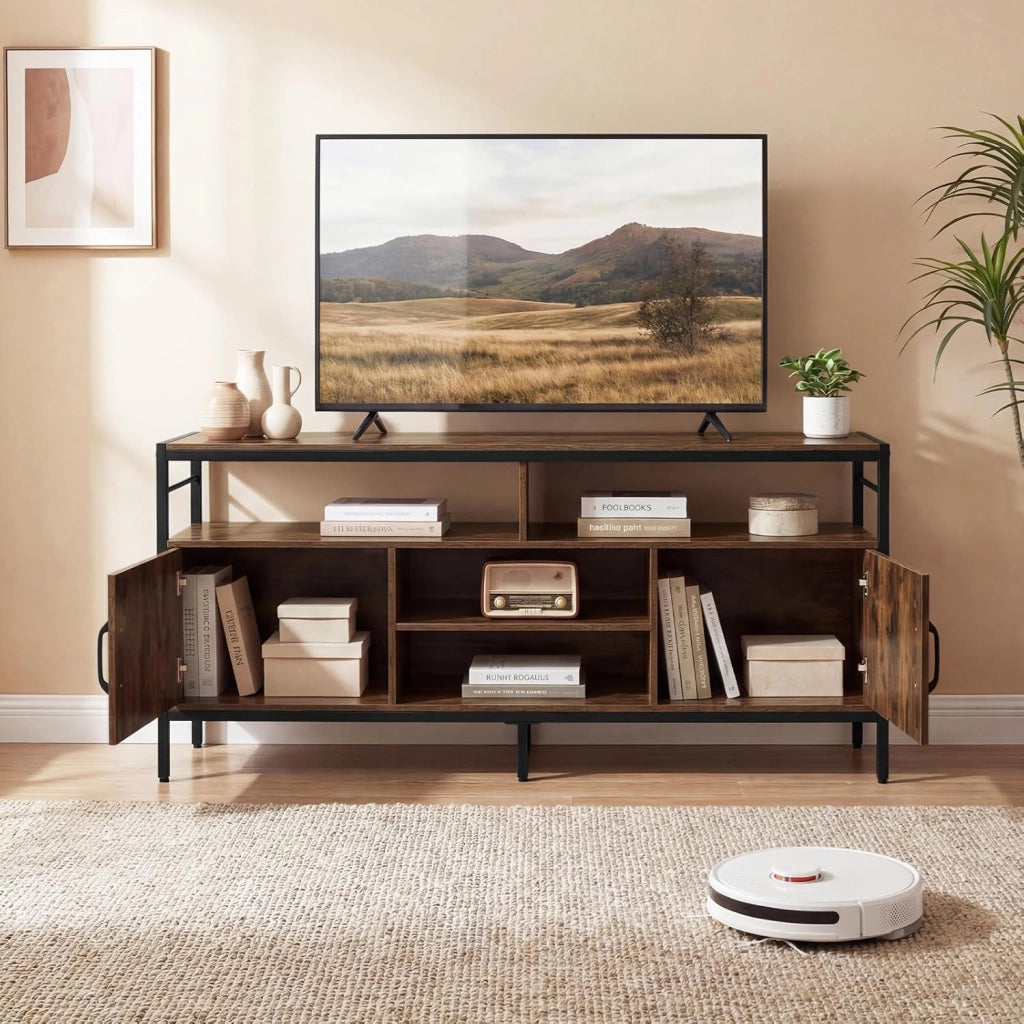 Mobile TV Soggiorno fino a 65", con 2 Armadietti e 4 Ripiani Aperti, Tavolino Porta TV con Gambe in Metallo, Centro di Intrattenimento per Soggiorno Camera da Letto (Marrone, 147 x 35 cm)
