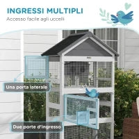 Voliera per Uccellini a 3 Porte con Casetta e Vassoio, in Legno e Metallo, 92x52x171 cm, Grigia e Nera