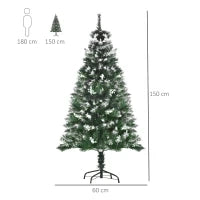 Albero di Natale Innevato 150cm con Bacche Decorative Bianche, Base Rimovibile Pieghevole, 378 Rami, Verde