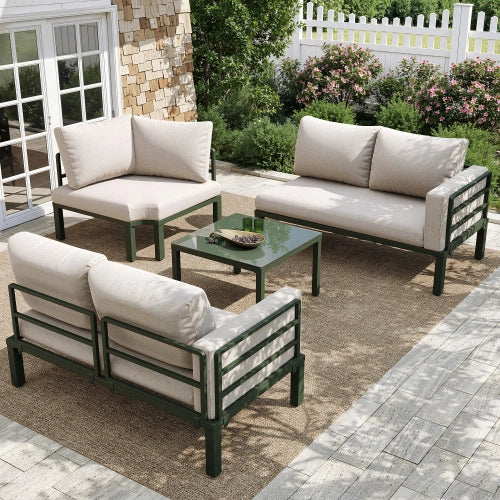 Set Mobili da Giardino con Cuscini Beige ¨C MINIMAL ¨C Poltrona, Divano, Tavolino in Vetro, 4-5 Posti