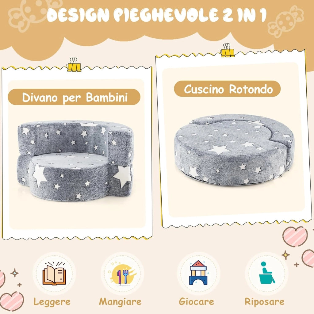 Divano Cuscino per Bambini Pieghevole 2 in 1, Poltrona Schienale Pieghevole per Bambini con Motivi Luminosi nel Buio, Divano Pieghevole per Camera da Letto e Soggiorno (Stella grigio)