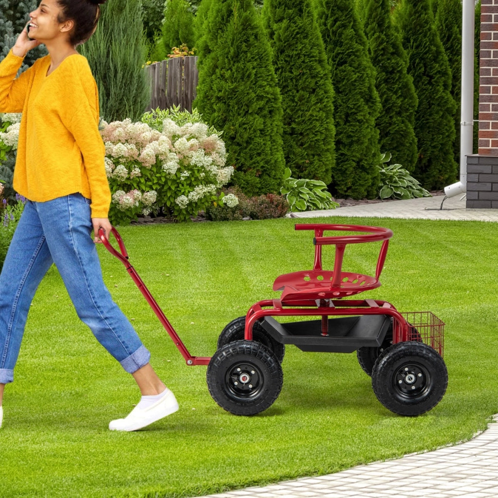 Carrello da giardino con ruote 26cm sedile girevole manico telescopico, Sgabello da giardinaggio Rosso-Attrezzi da giardino