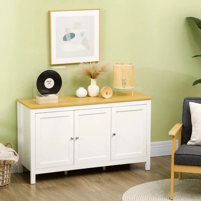 CREDENZA MOBILE DI ARCHIVIAZIONE CON 3 PORTE, 2 RIPIANI REGOLABILI, PIANO IN LEGNO CHIARO, 120 X 40 X 70 CM, BIANCO