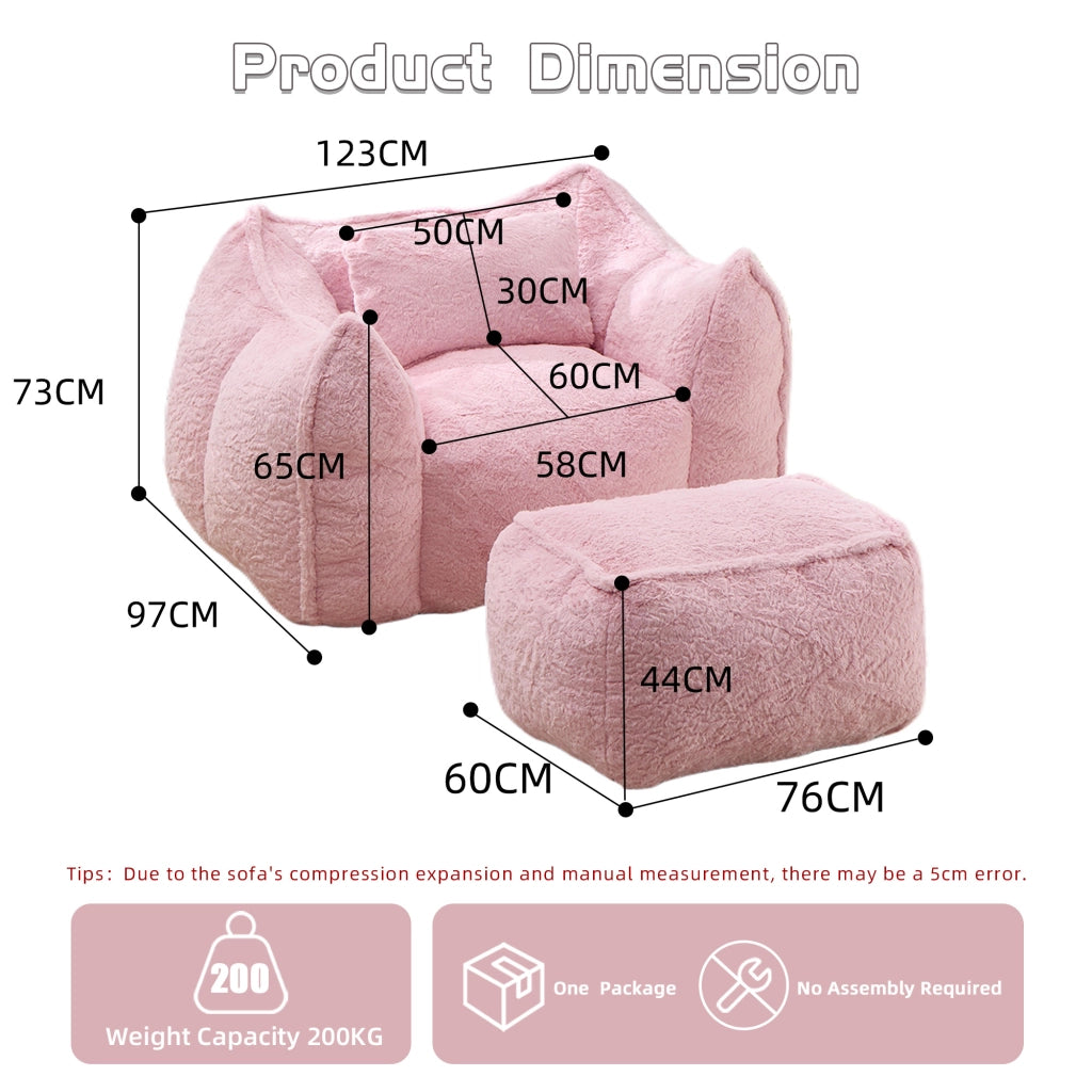 Pouf lounge ergonomico con schienale avvolgente e poggiapiedi per soggiorno e camera da letto in finta pelliccia rosa