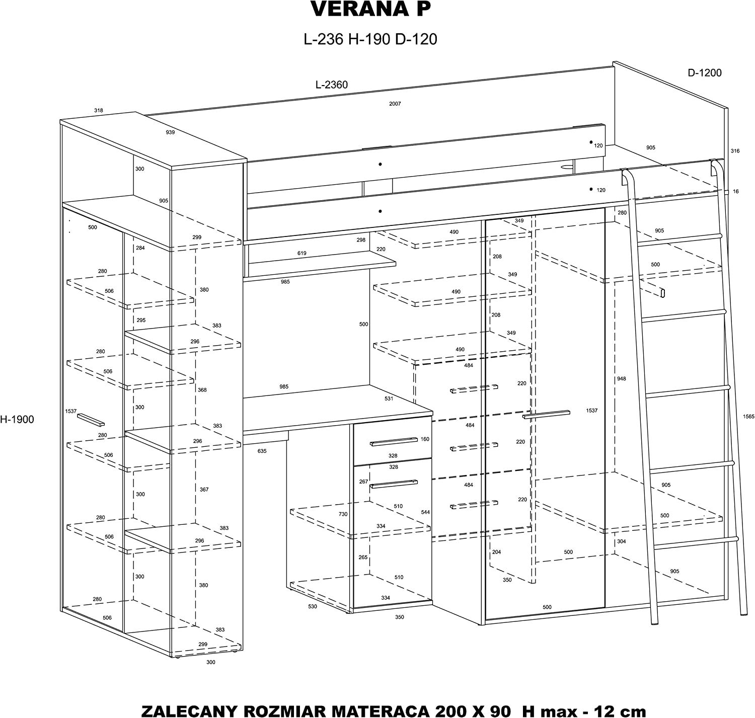 LETTO ARMADIO SCRIVANIA LIBRERIA BAMBINI VERANA P H190x120x236cm GIALLO ROVERE