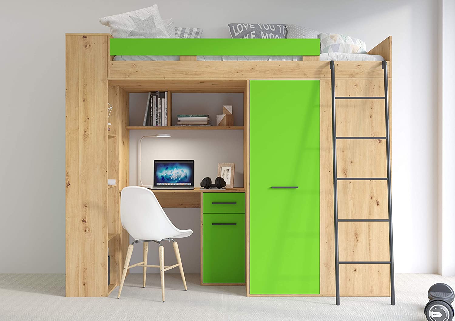 LETTO ARMADIO SCRIVANIA LIBRERIA BAMBINI VERANA P H190x120x236cm VERDE ROVERE