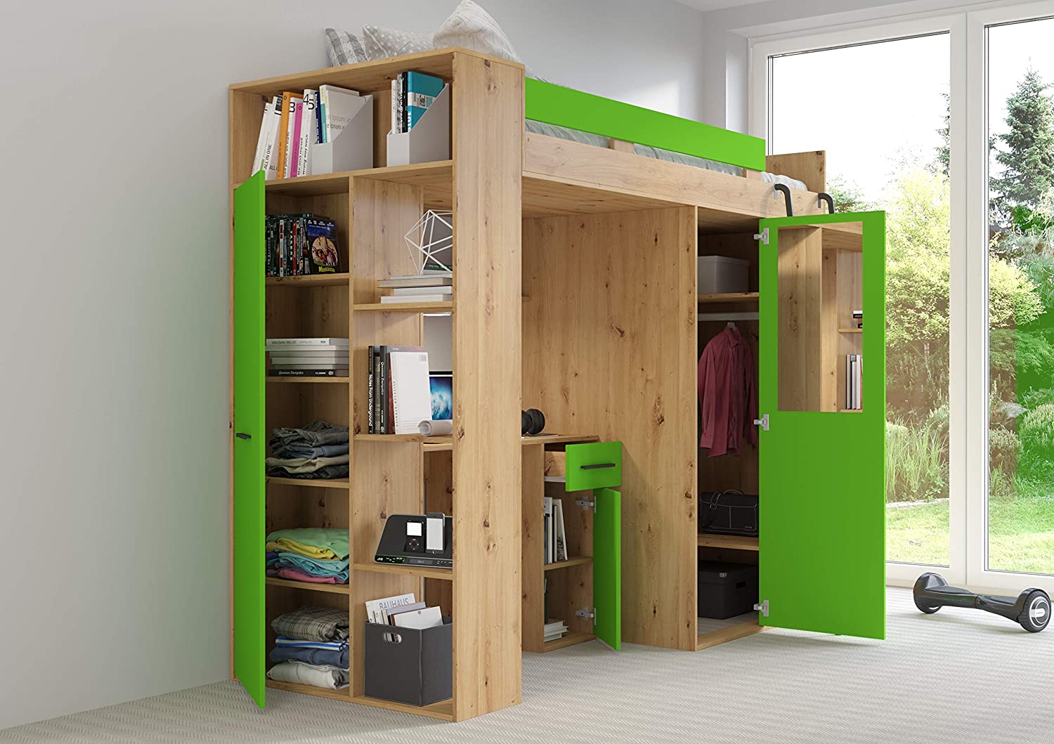 LETTO ARMADIO SCRIVANIA LIBRERIA BAMBINI VERANA P H190x120x236cm VERDE ROVERE