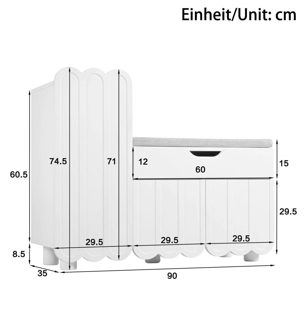 Scarpiera 90x35x74.5 cm con cassetto e seduta imbottita in MDF bianco