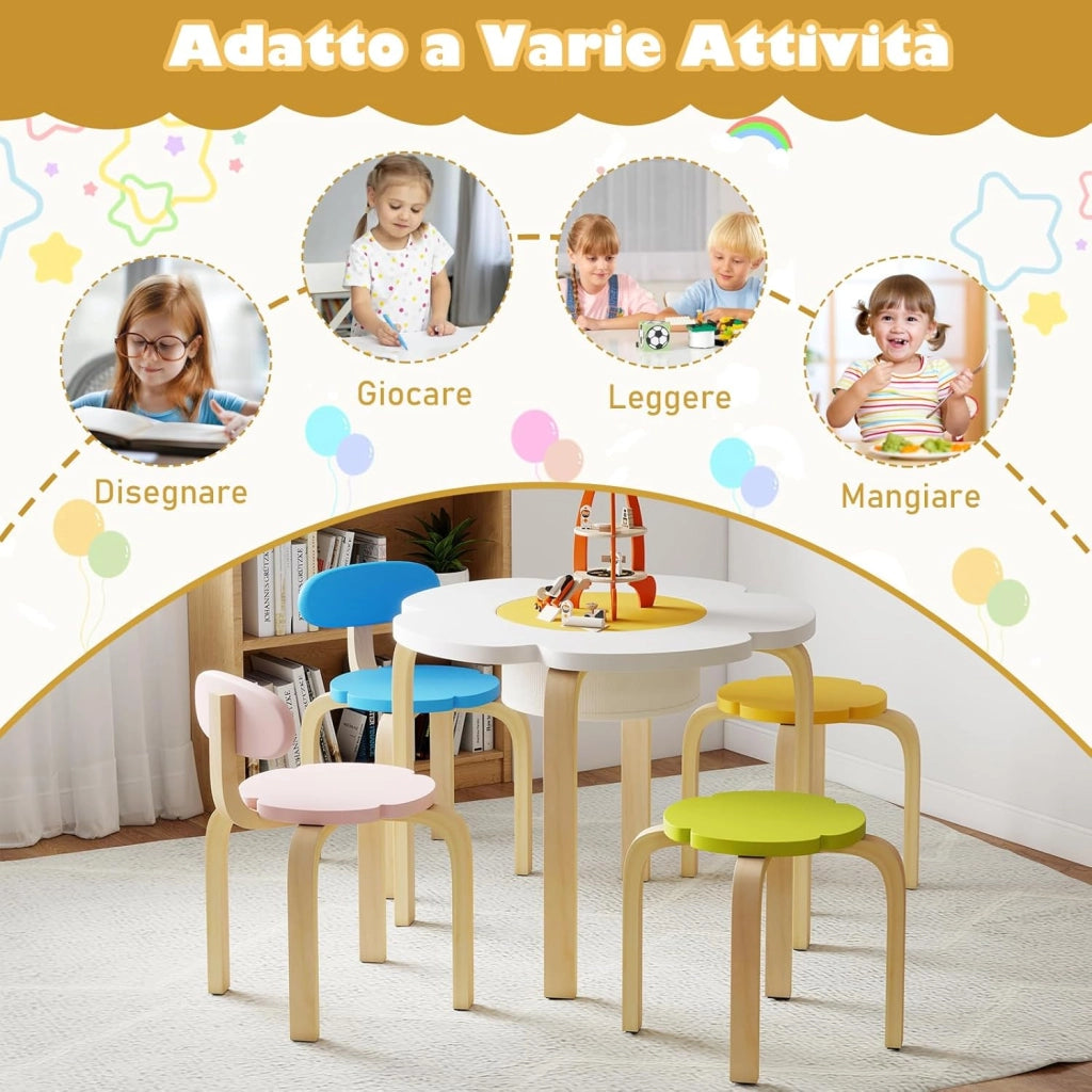 Set Tavolo e Sedie per Bambini, Set Mobili a Forma di Fiore con 2 Sedie e 2 Sgabelli, Tavolo Attività con Contenitore Nascosto, Set Gioco a 5 Pezzi in Legno per Bambini 3+ Anni