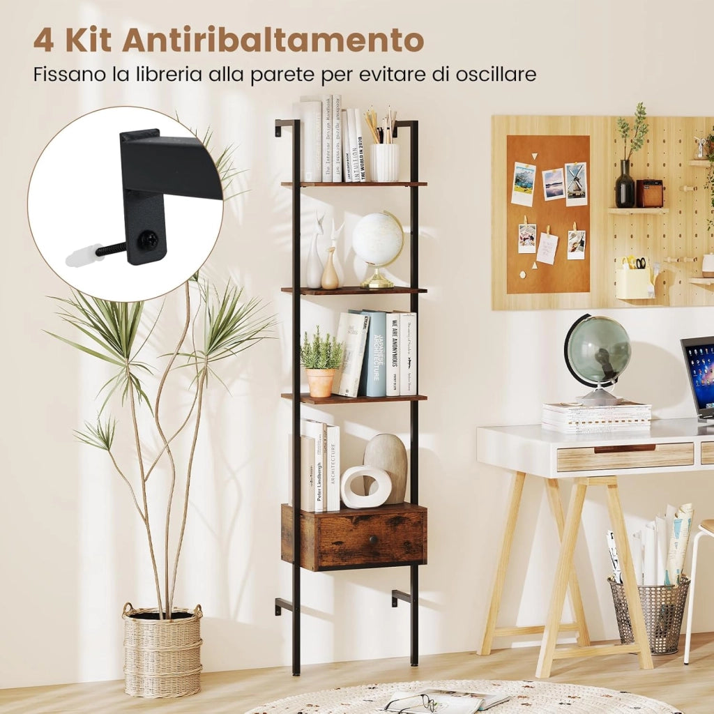 Libreria a Scala a 5 Ripiani con Cassetto in Tessuto, Scaffale da Parete Salvaspazio in Legno, Scaffale Portaoggetti per Soggiorno, Studio e Camera da Letto, 43 x 30 x 178 cm, Marrone