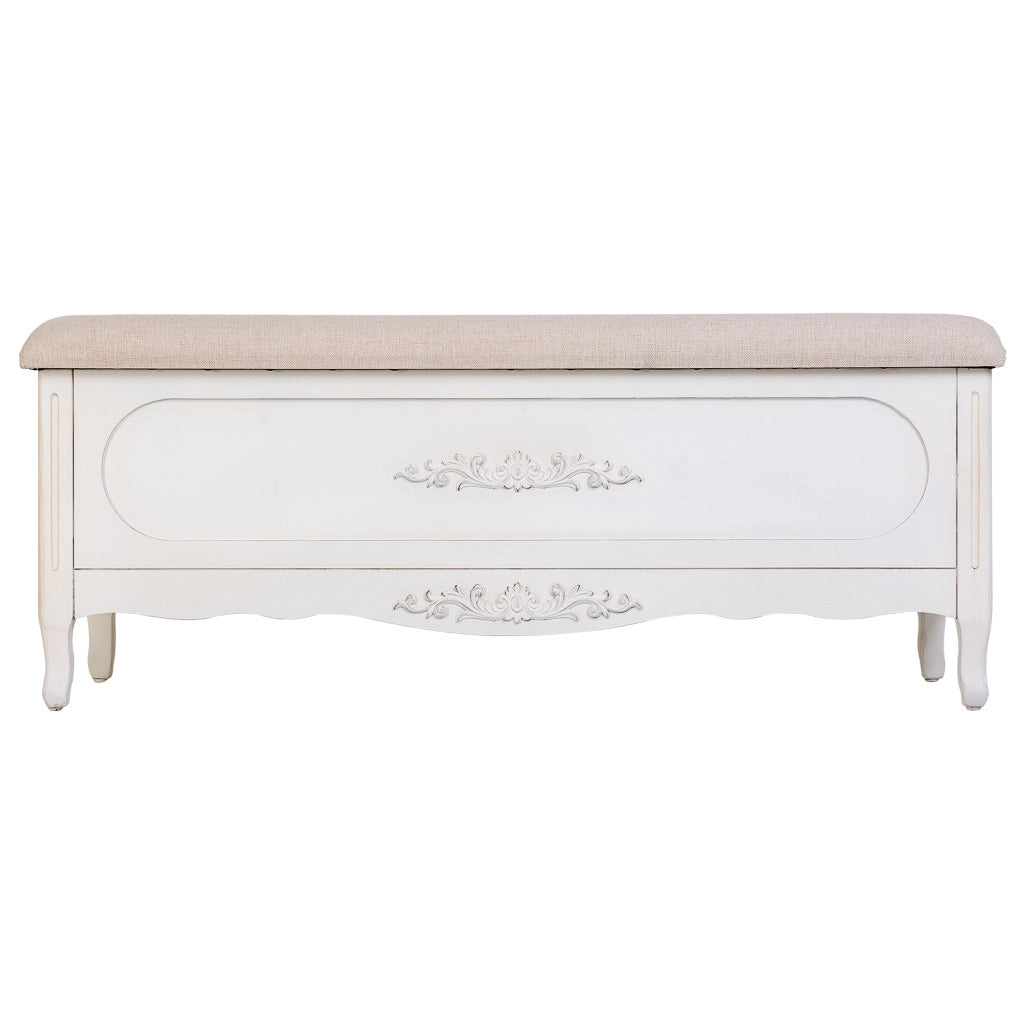 Sgabello imbottito in legno laccato bianco antico 120x43x48h cm
