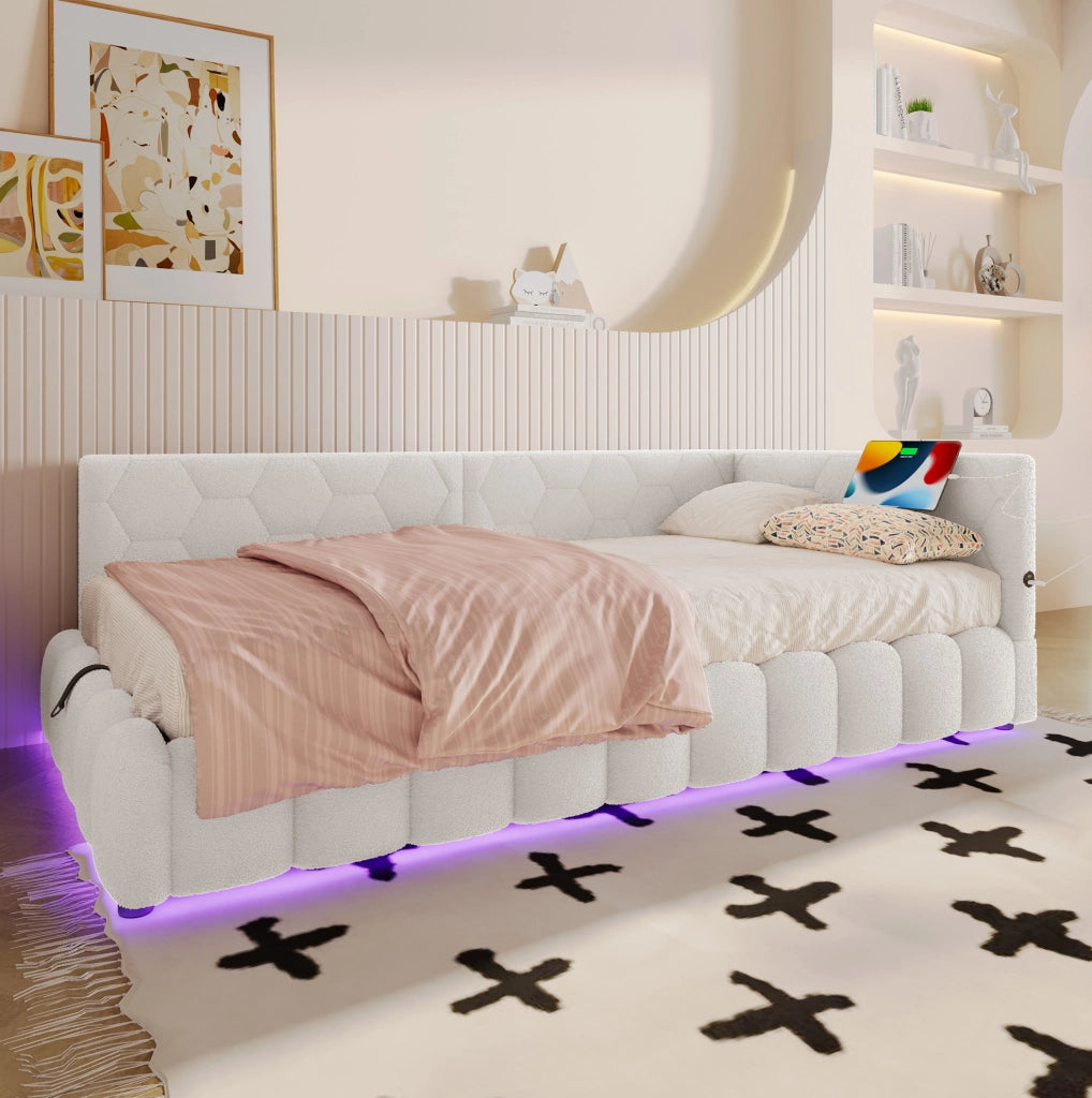 Letto daybed 90x200 cm con contenitore idraulico, USB e luce LED