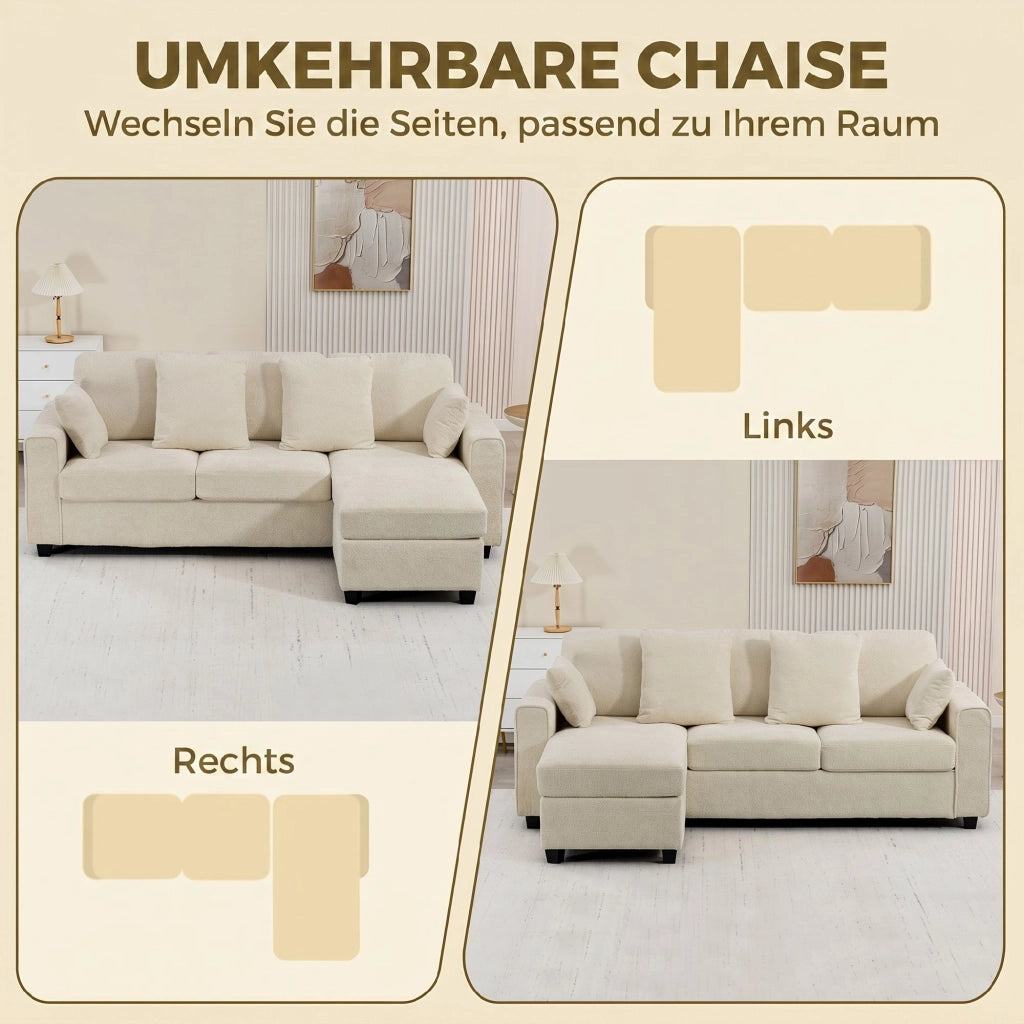Divano angolare con chaise longue reversibile, imbottito, 3 posti, tessuto velluto, beige ¨C zephmum ¨C 90x