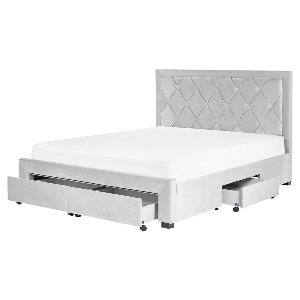 Letto contenitore tappezzeria in velluto grigio chiaro 160 x 200 cm trapuntato testiera alta cassetti Glam Design