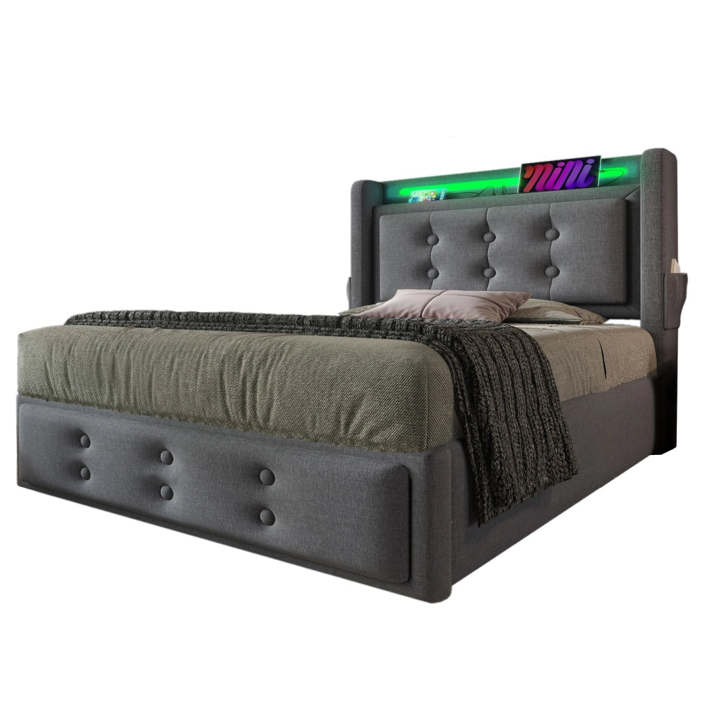 Letto singolo imbottito 90x200 con LED, prese e contenitore sollevabile