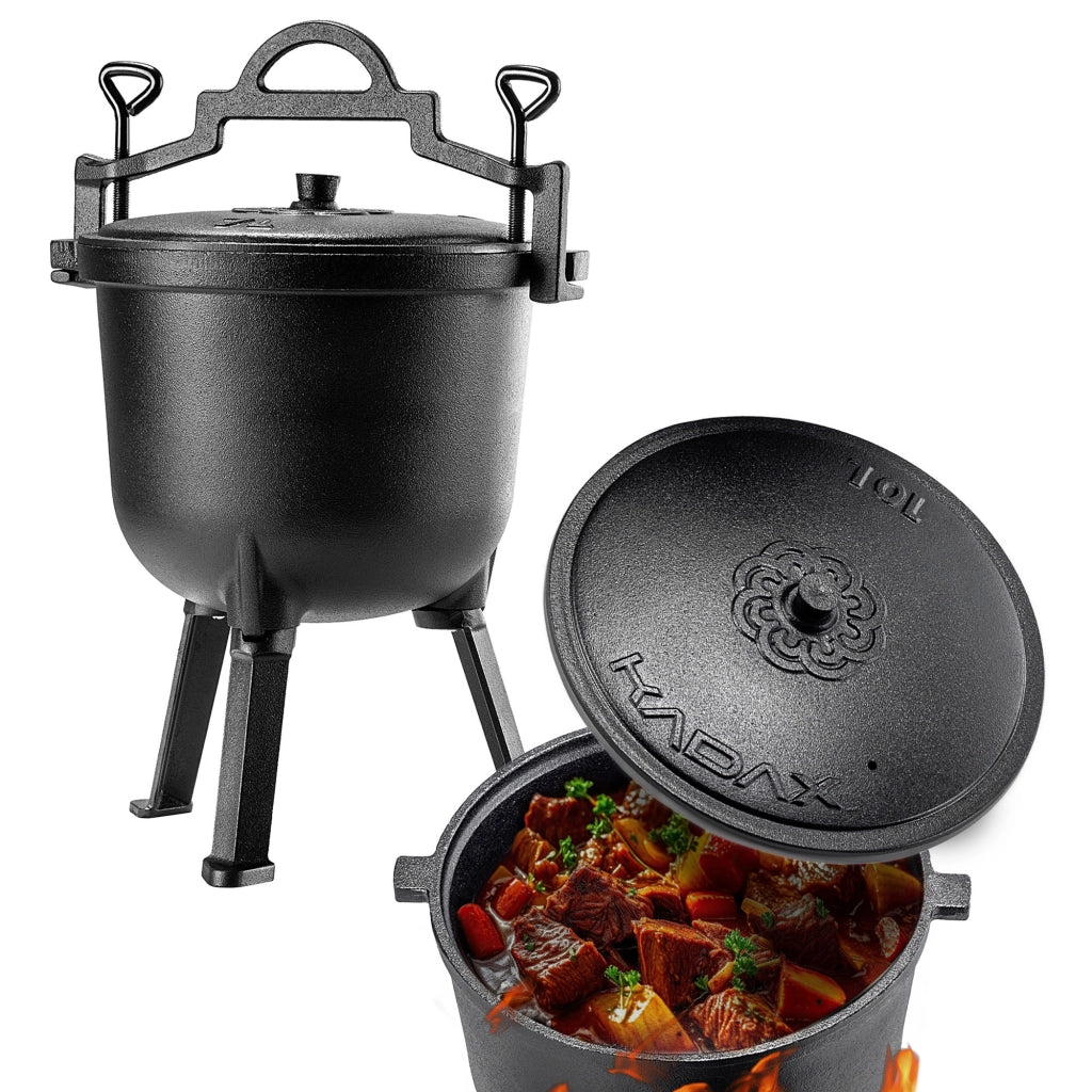 Bollitore da caccia in ghisa KADAX da 10 litri per arrosti da campeggio + cucchiaio in omaggio