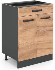 mobiletto base per cucina R-line, Quercia dorata/Antracite, 60 cm con cassetto, senza piano di lavoro