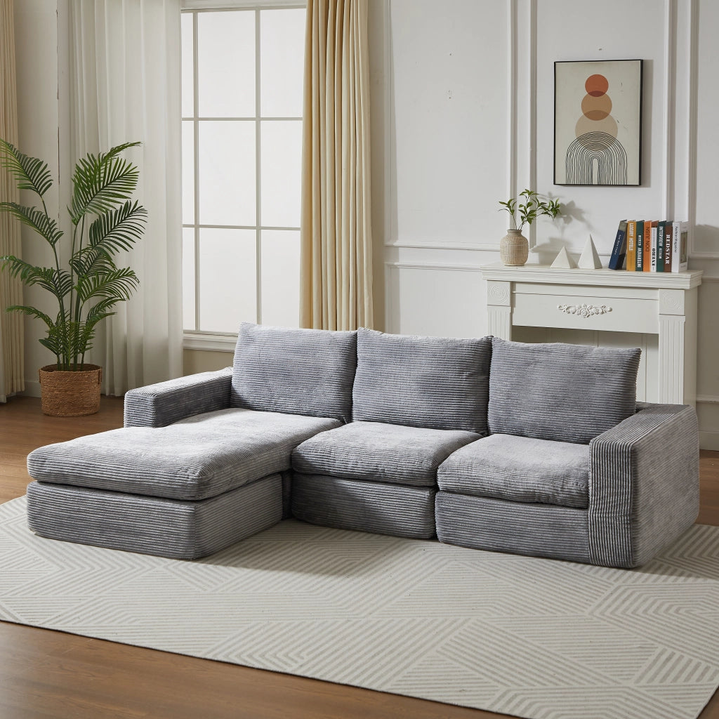 Divano Angolare con Chaise Longue in Velluto a Coste ¨C MINIMAL ¨C 3 Posti, Grigio